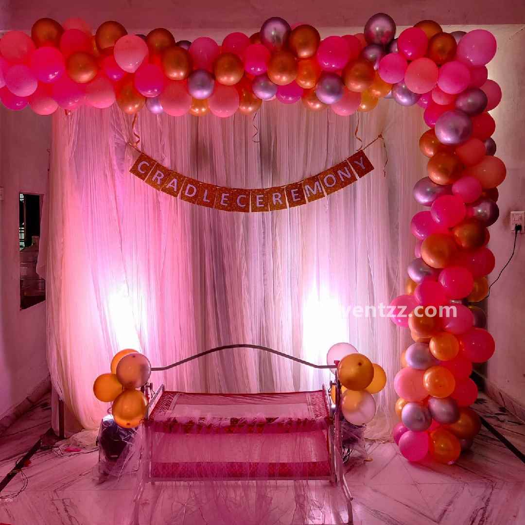 Basic naming ceremony decoration at home girl baby - Catering services  Bangalore, Best birthday party organisers and Balloon decorators